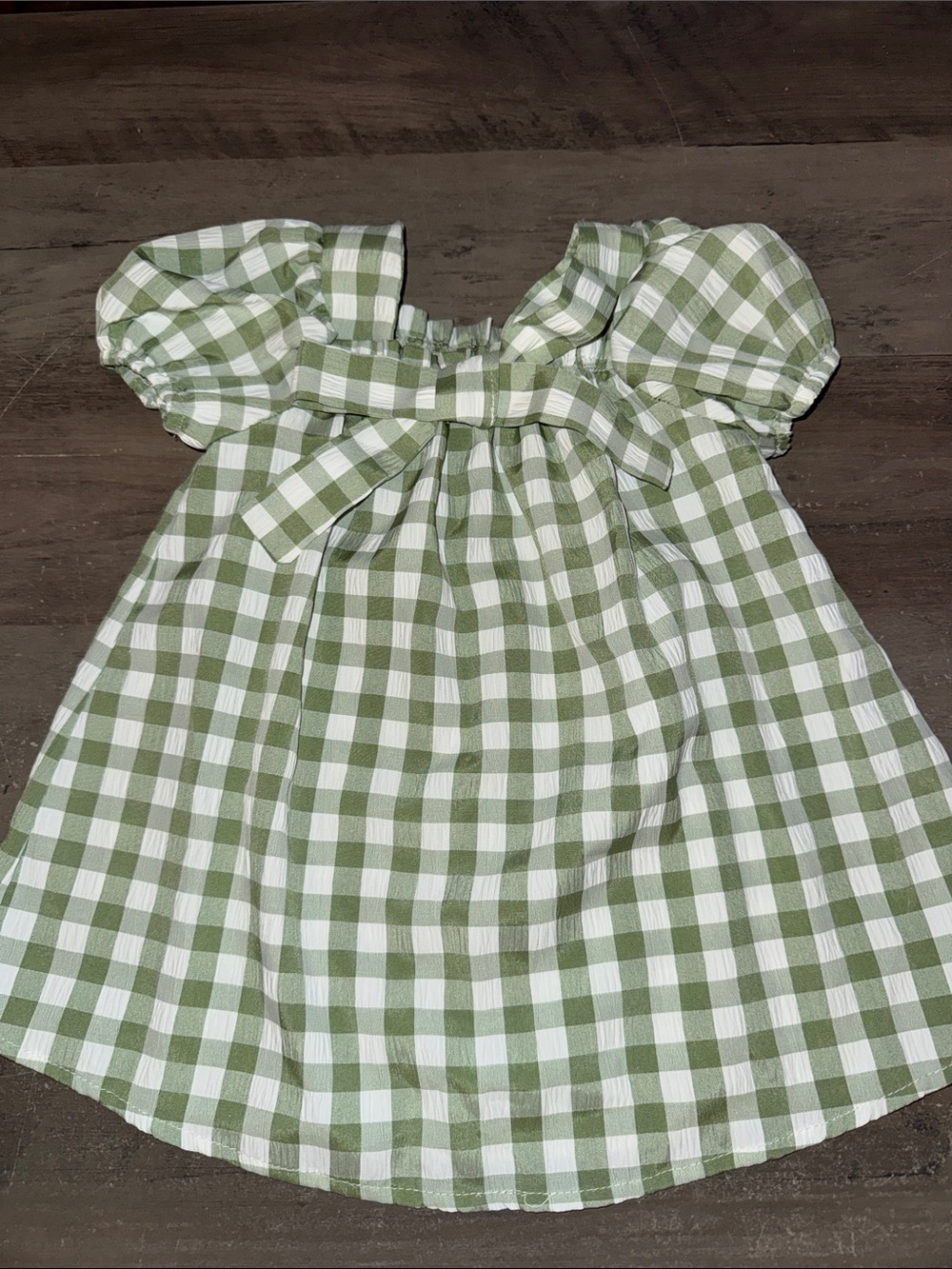 Green Gingham Puff-Sleeve Kids Dress